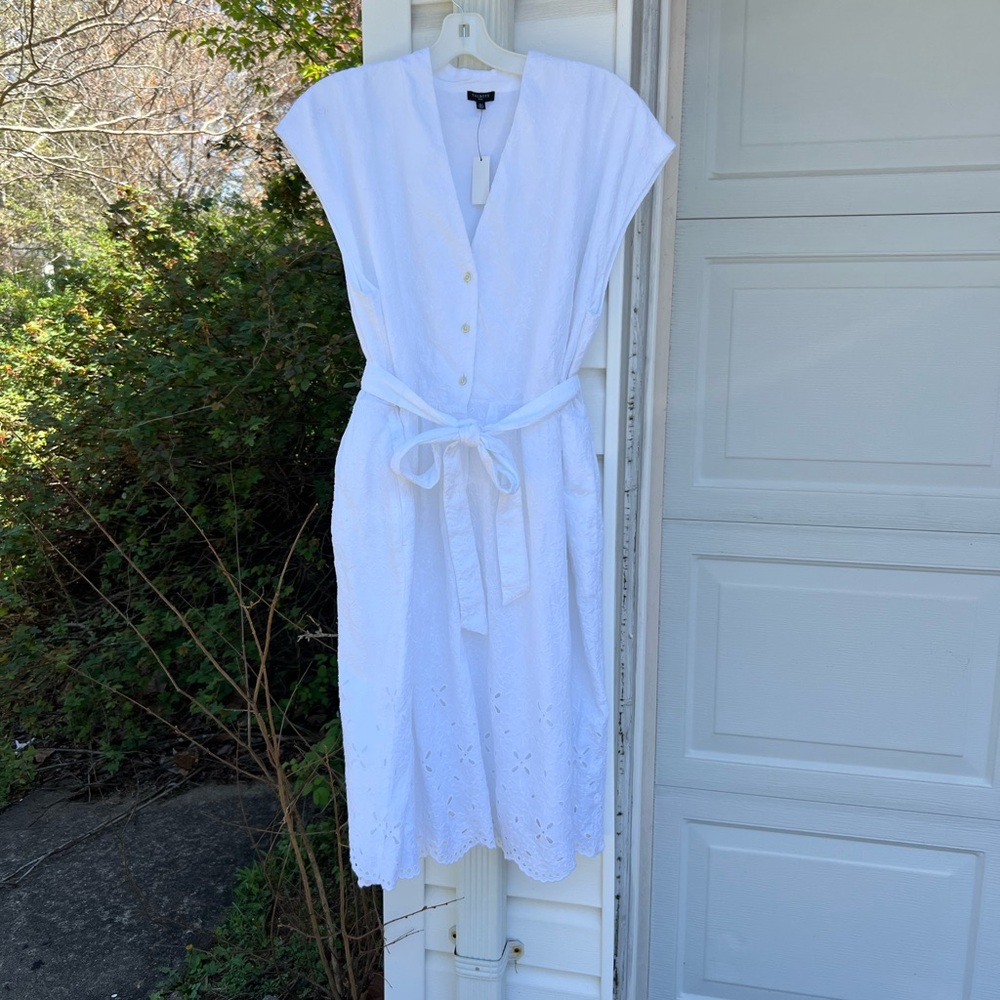 NWT Talbots Pretty White Eyelet V-Neck Cotton Lined MIDI Dress With Pockets
